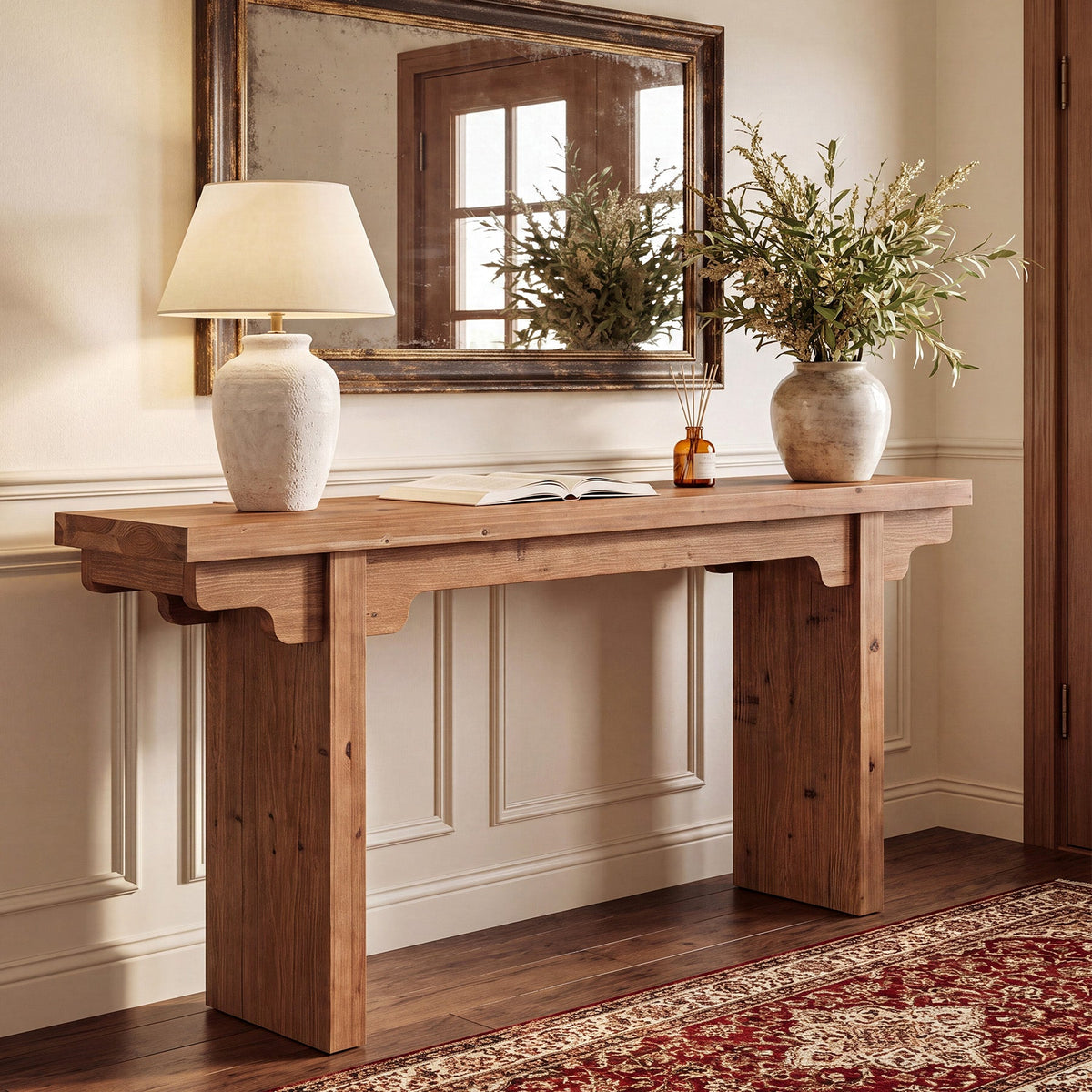 63" Farmhouse Solid Wood Console Table, full piece styled in a room