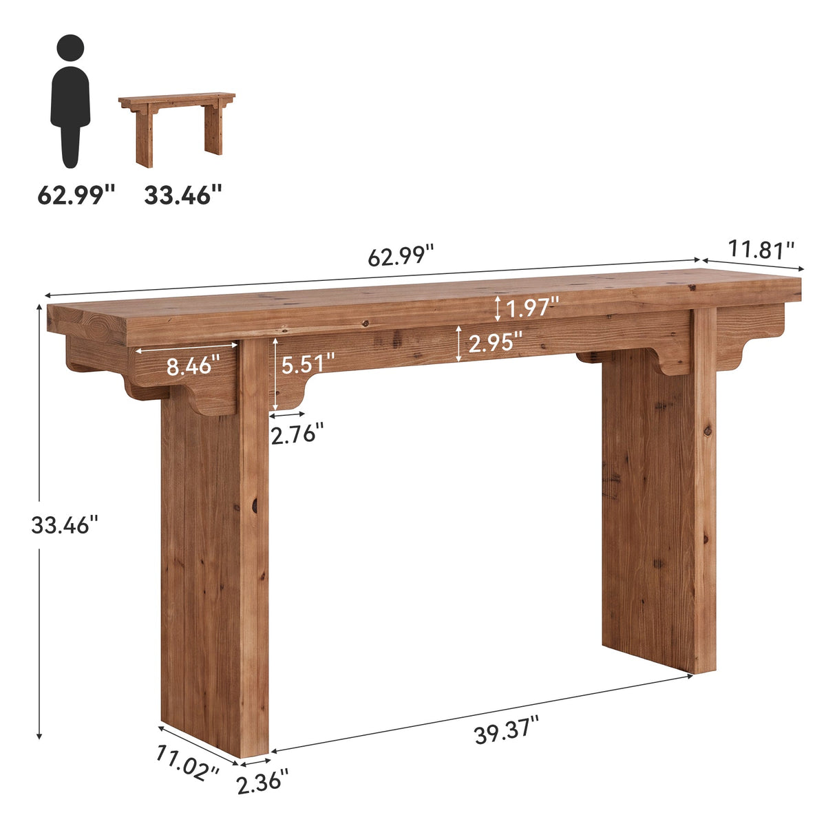 63" Farmhouse Solid Wood Console Table, front view