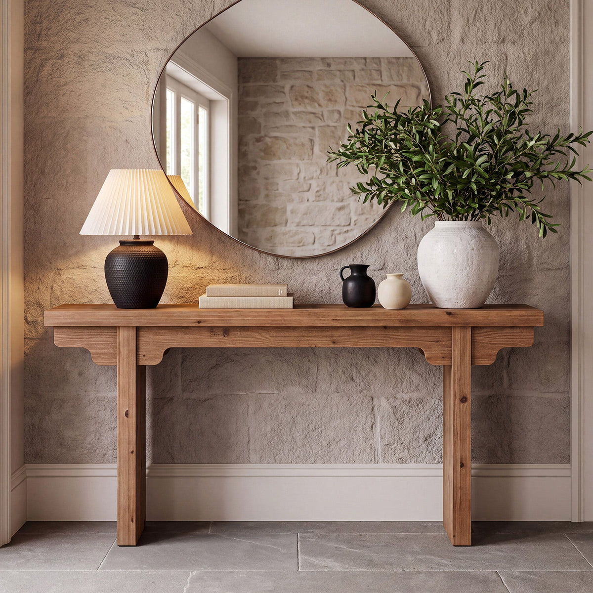 63" Farmhouse Solid Wood Console Table, angled three quarter view
