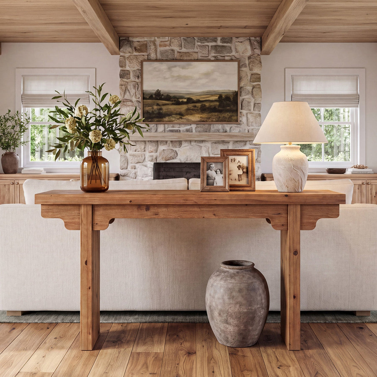 63" Farmhouse Solid Wood Console Table, drawer and handle detail