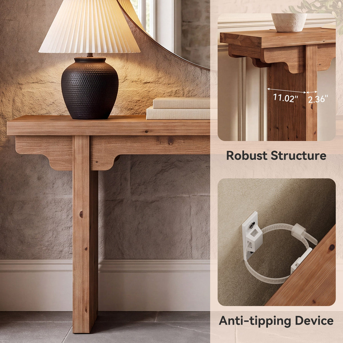 63" Farmhouse Solid Wood Console Table, leg and base detail