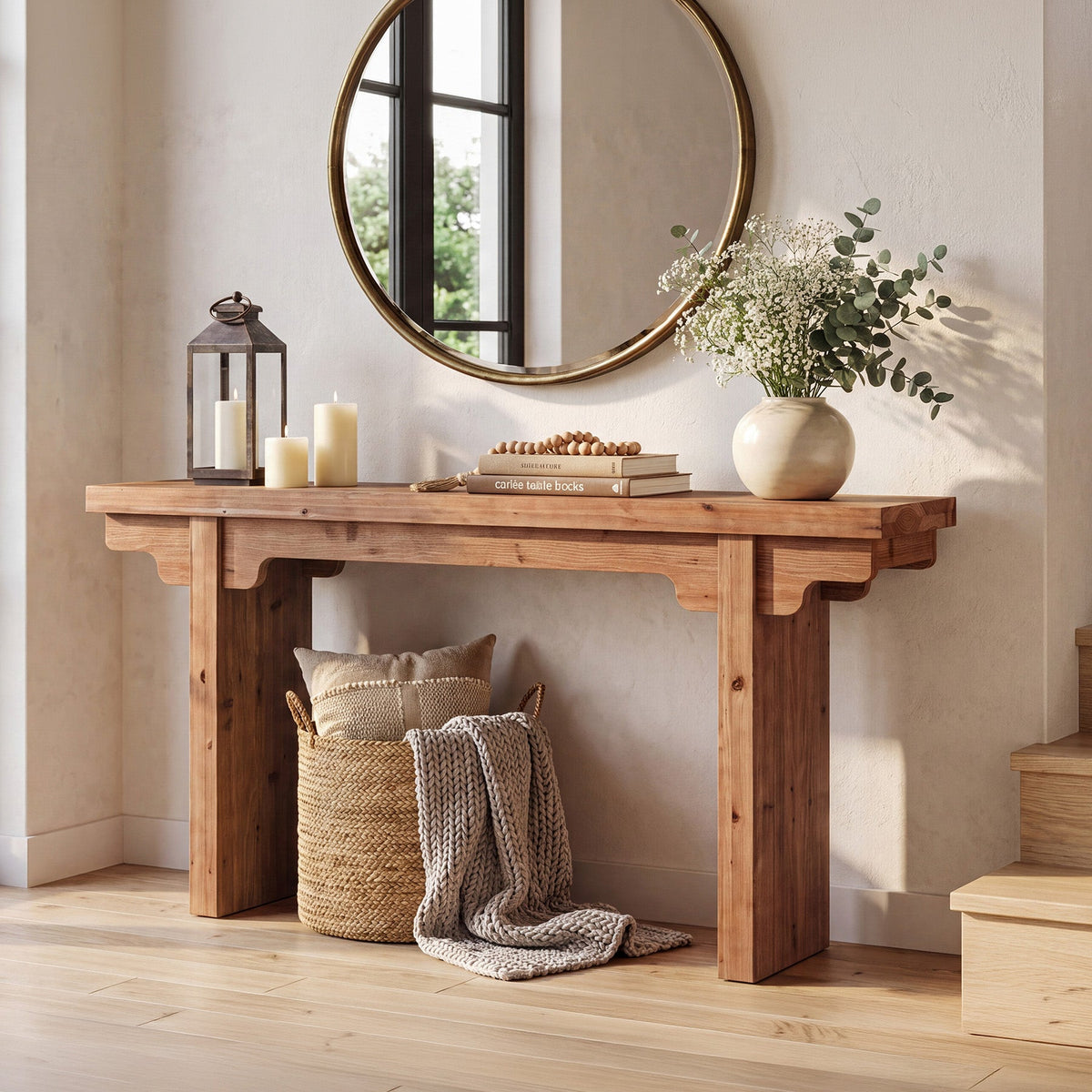 63" Farmhouse Solid Wood Console Table, styled with decor on top
