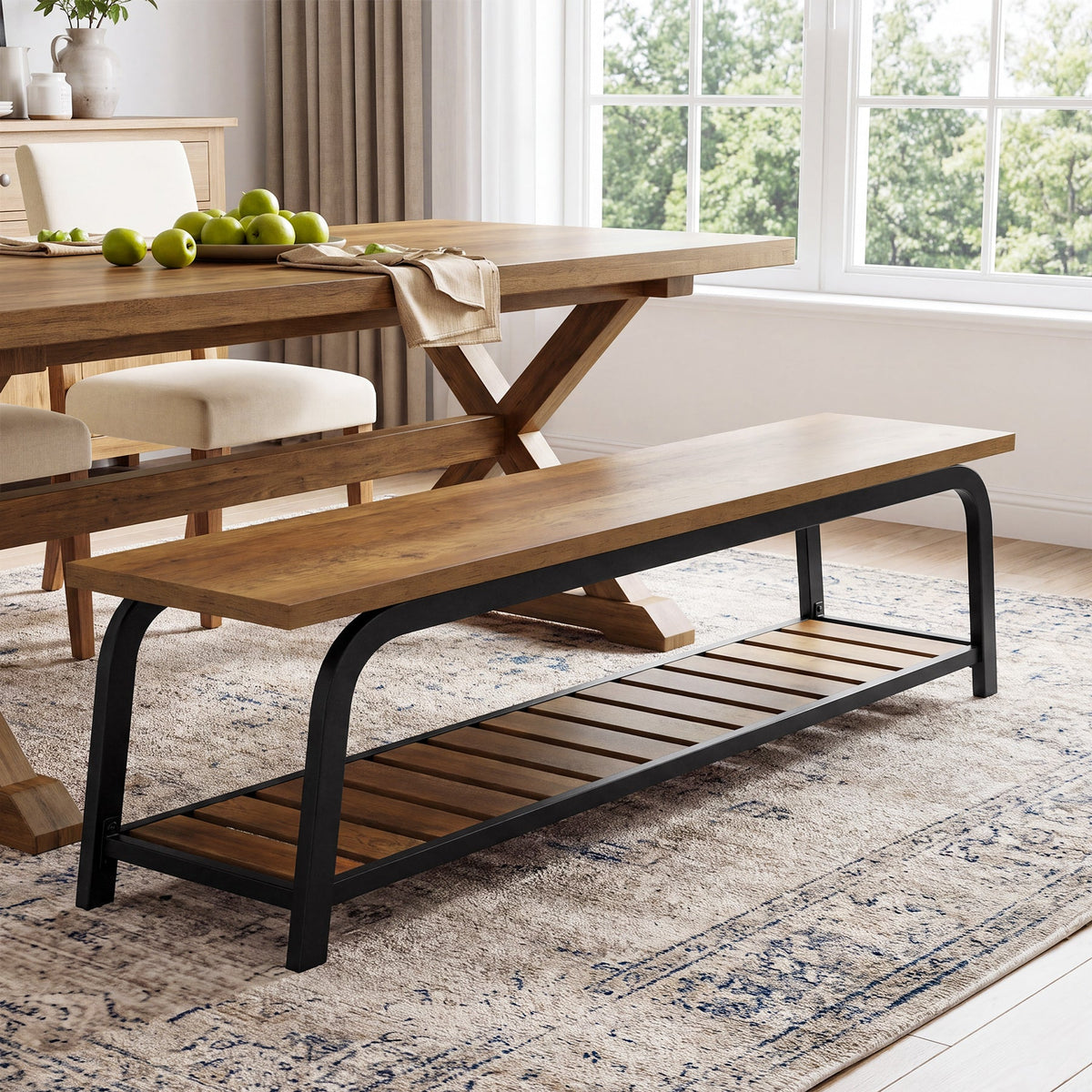 63" Industrial Dining Bench, full piece styled in a room