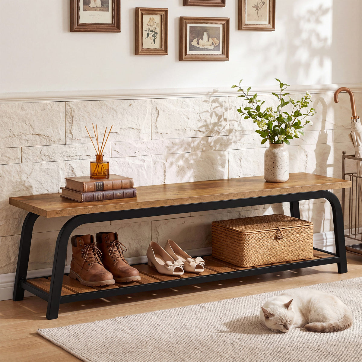 63" Industrial Entryway Bench, full piece styled in a room