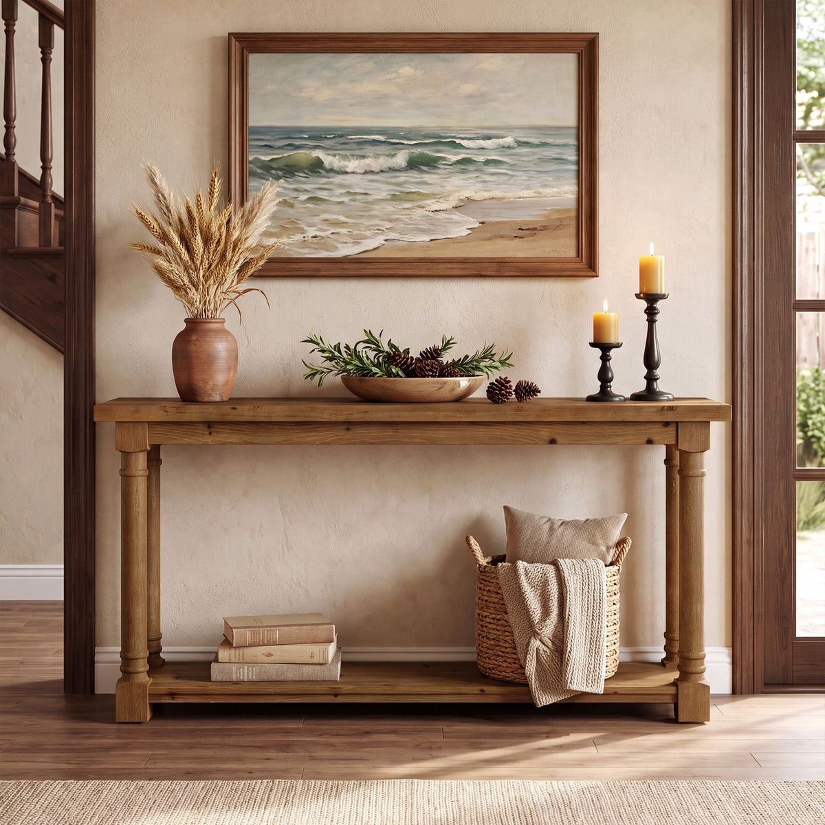63" Solid Wood Console Table, top surface detail