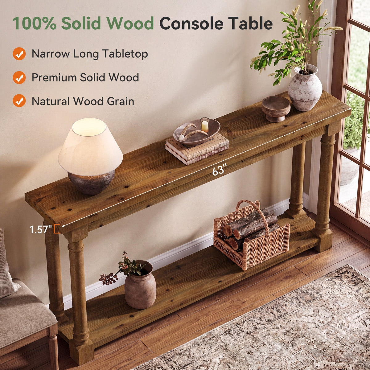 63" Solid Wood Console Table, leg and base detail
