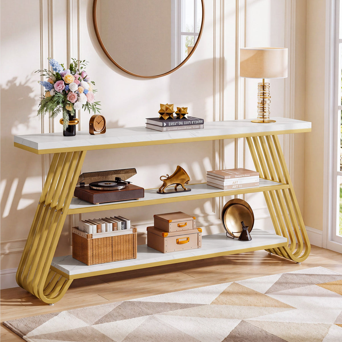 71" Faux Marble Console Table, angled three quarter view