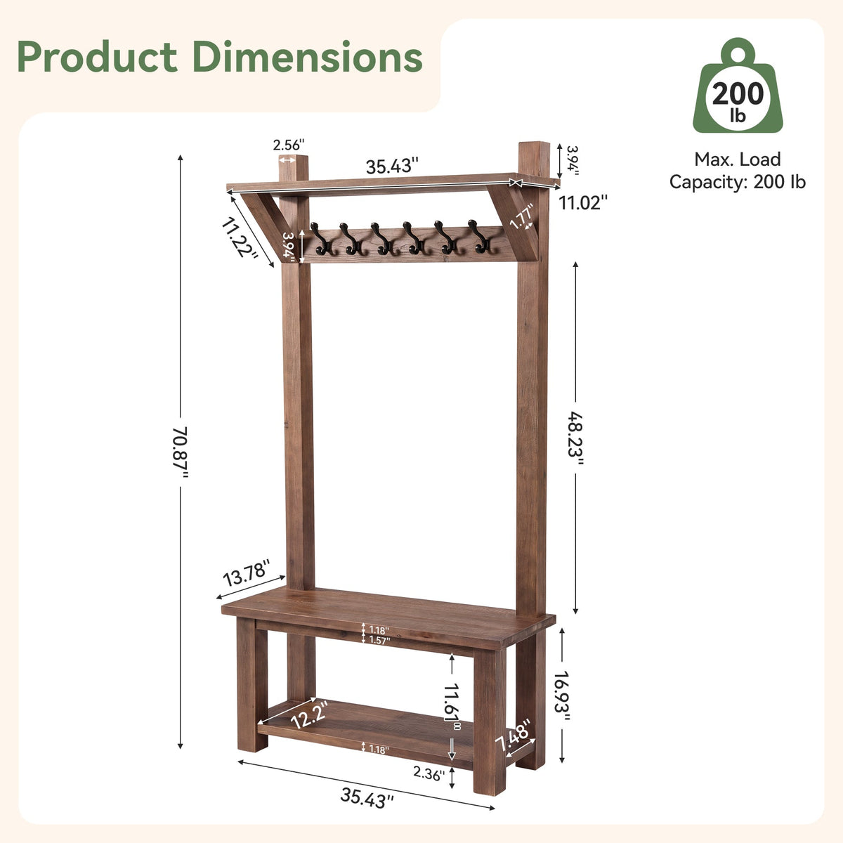 71" Solid Wood Hall Tree, front view