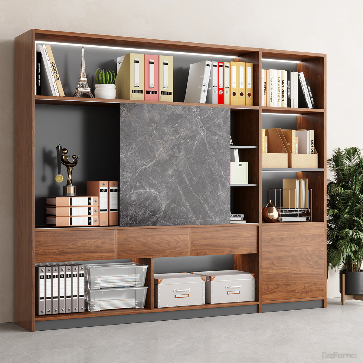 95" Modern Multi-Zone Bookshelf, angled three quarter view