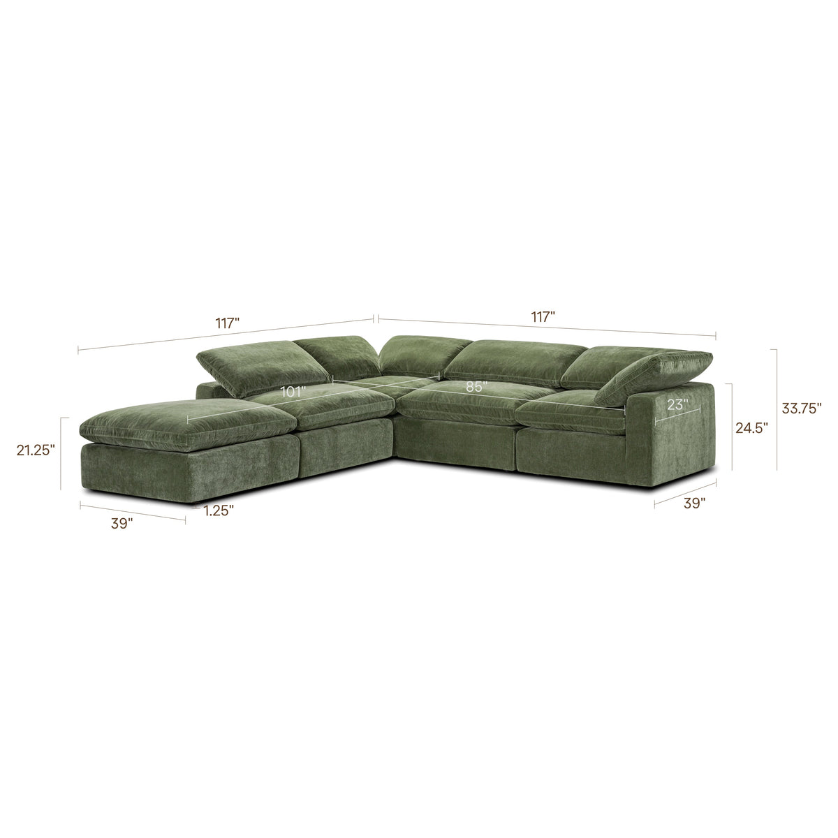 Aspen 5-Seat Modular Chaise Sectional in Sagano Green