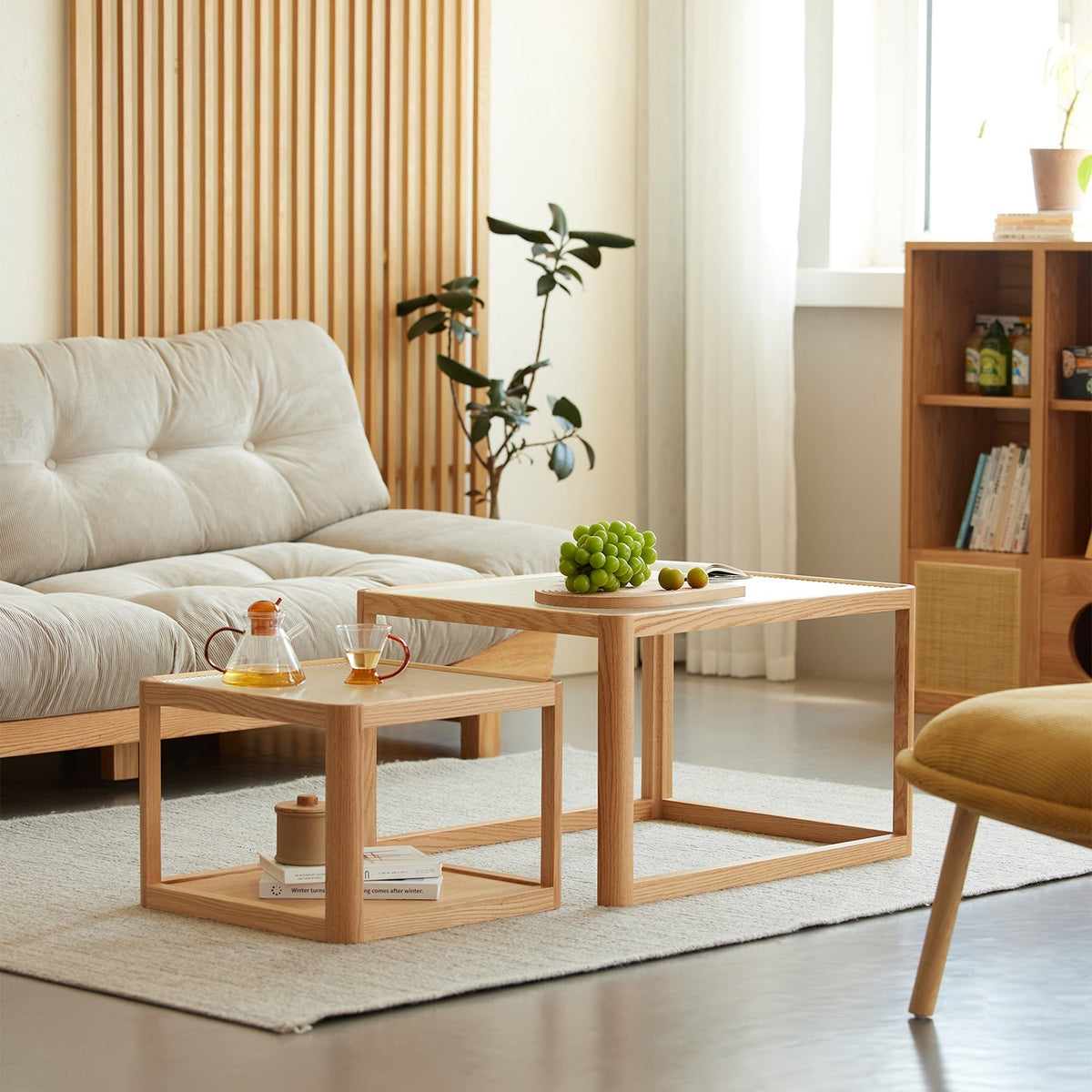 Scandinavian Oak Wood Moru Glass Coffee Table Set GLINT