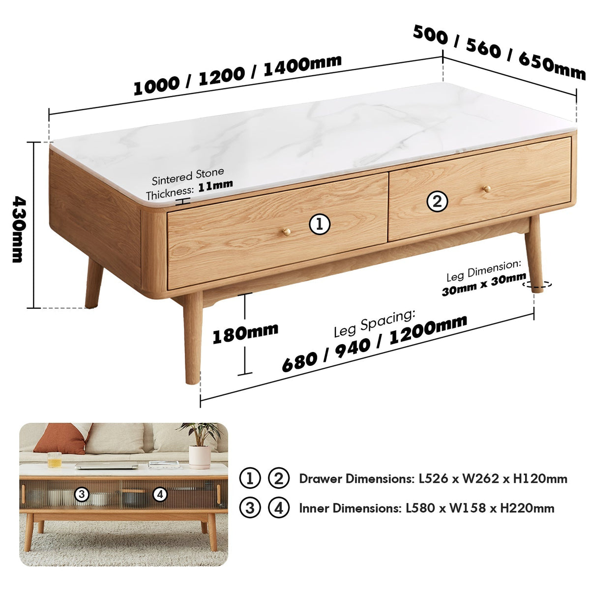Scandinavian Oak Wood Sintered Stone Coffee Table BEAM