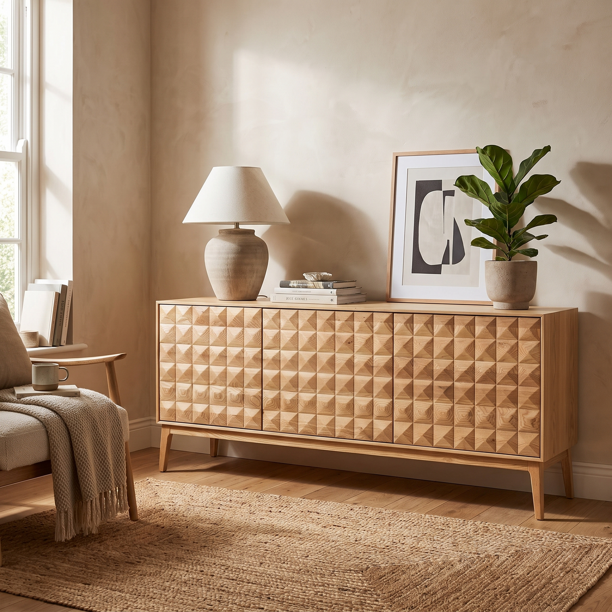 Abbie 71" Oak Sideboard, styled in a room setting