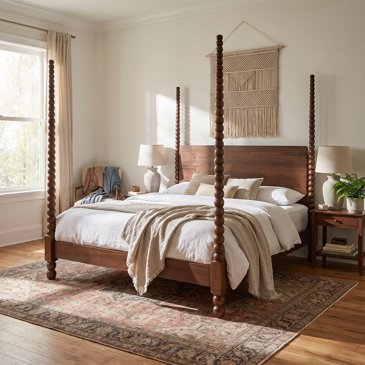 Aberdeen Walnut Bed, Queen, styled in a living space