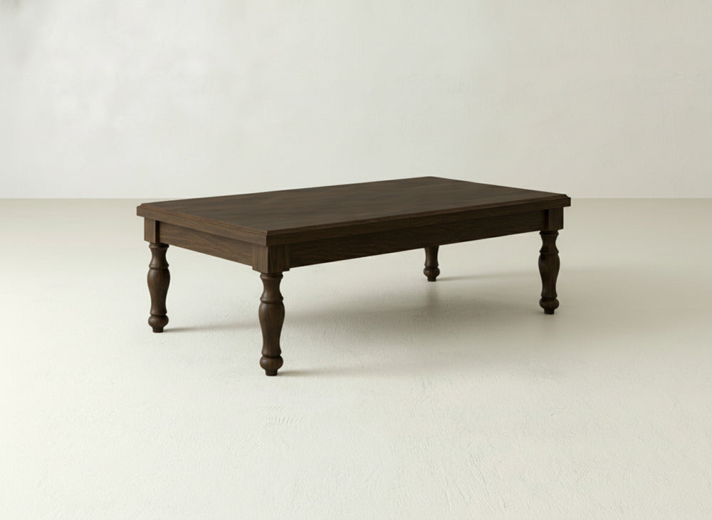 Abigail Coffee Table, Sable on Oak, styled in a dining space