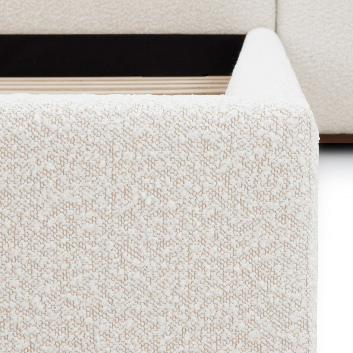 Acadia Pine Bed, Froth White Boucle, King, slat and base detail
