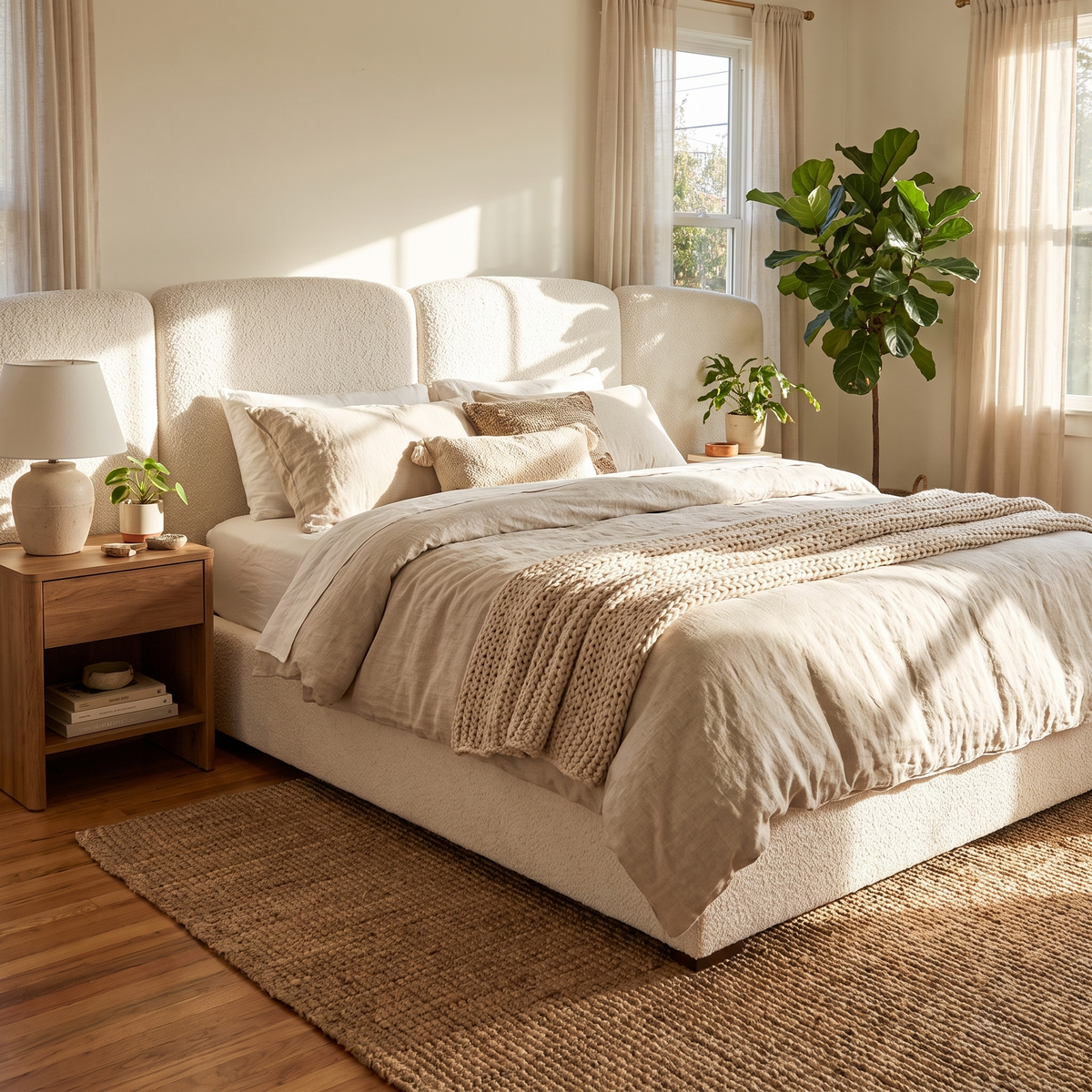 Acadia Pine Bed, Froth White Boucle, Queen, third styled room view