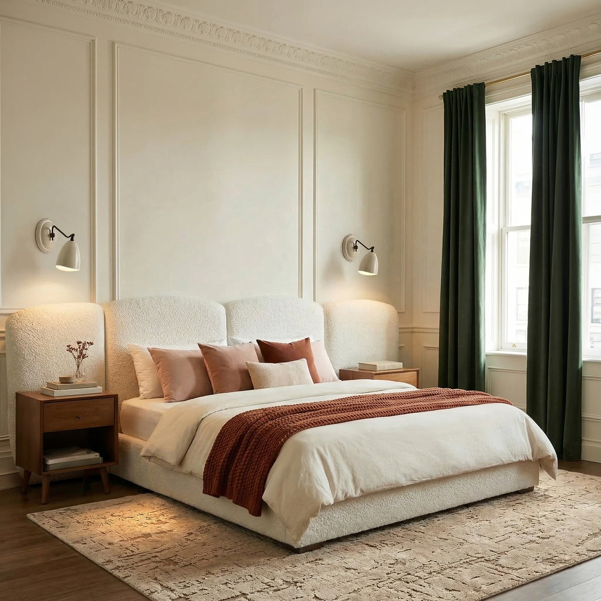 Acadia Pine Bed, Froth White Boucle, Queen, second styled room view