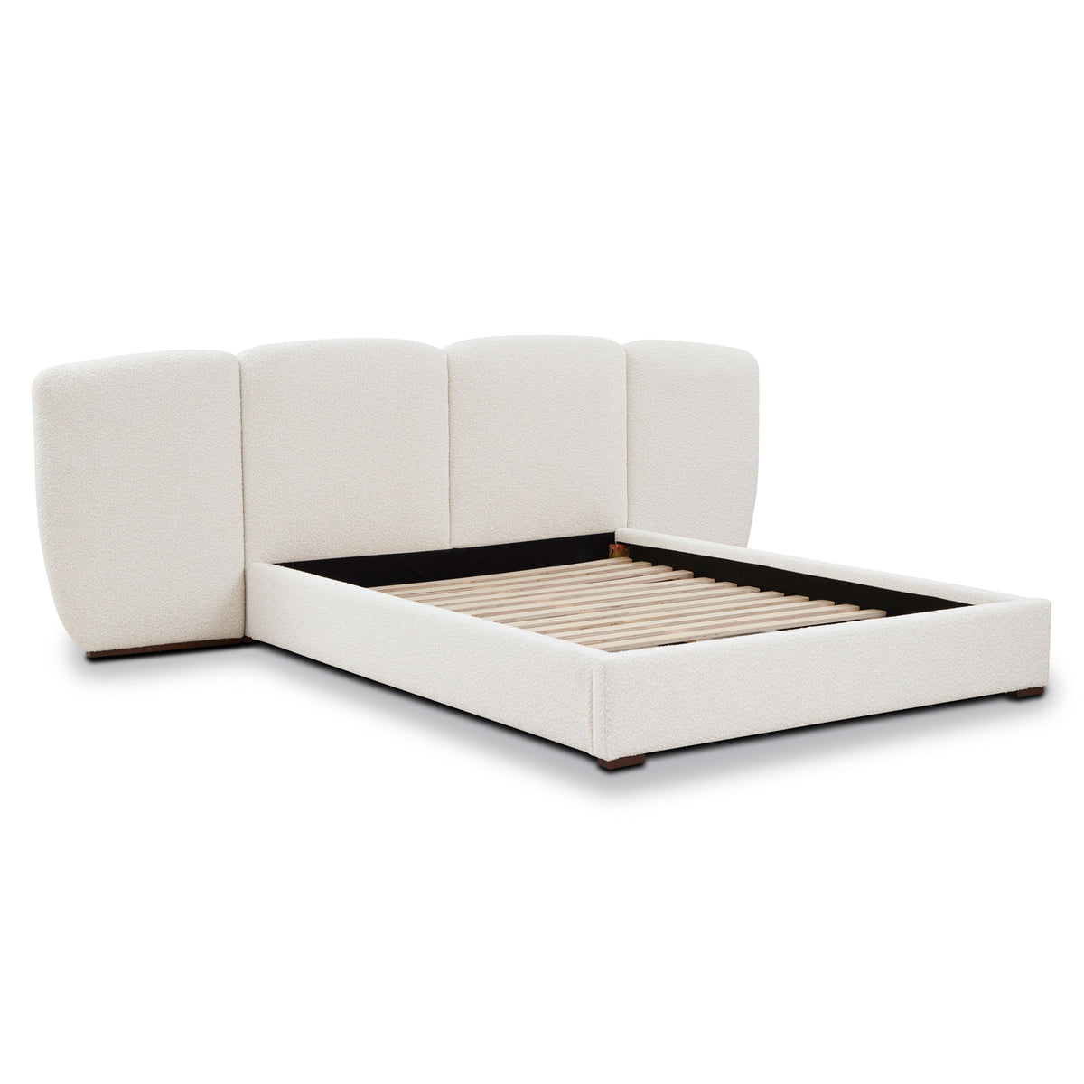Acadia Pine Bed, Froth White Boucle, Queen, frame and leg detail