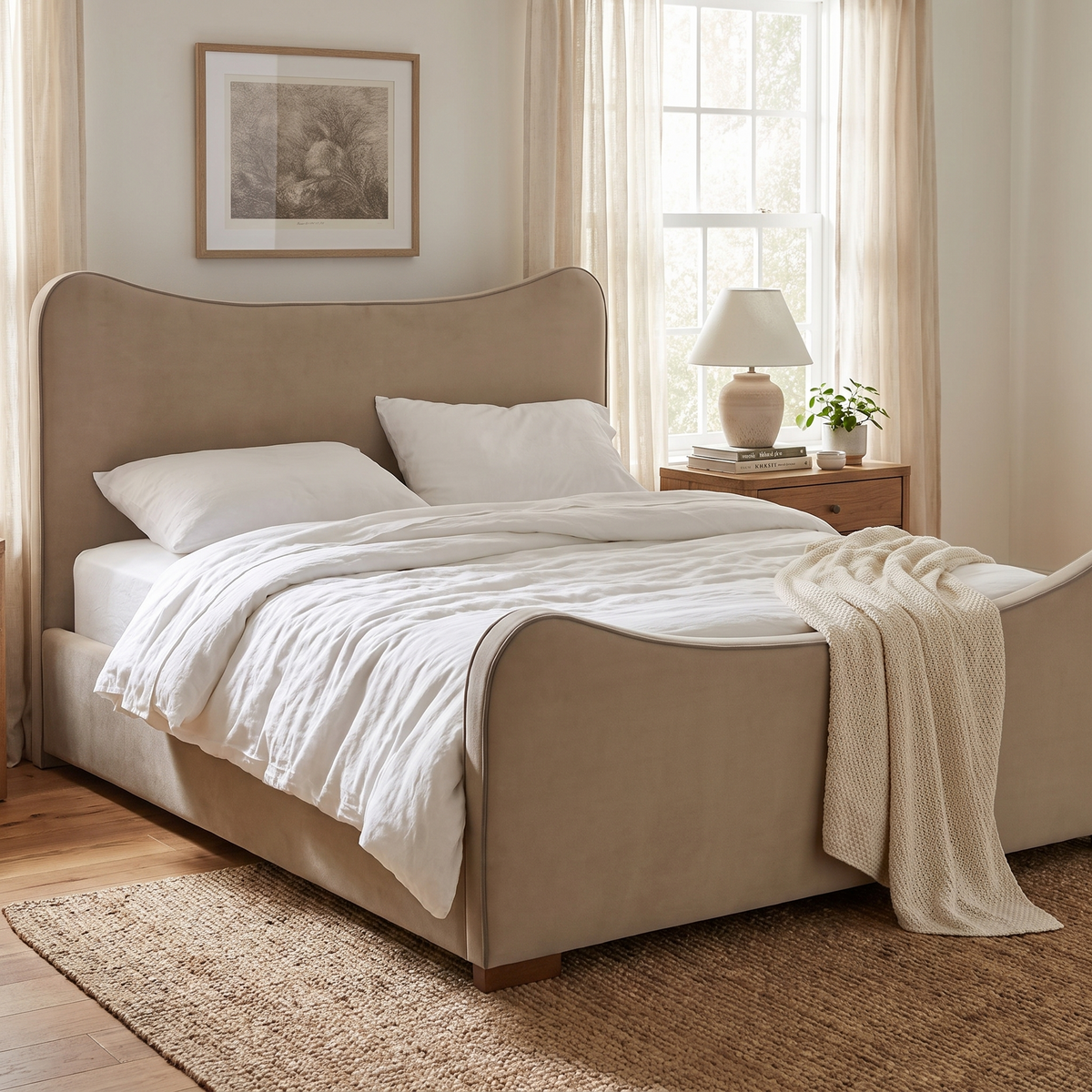 Adela Larch Bed, Serene Sand, King, styled in a room setting