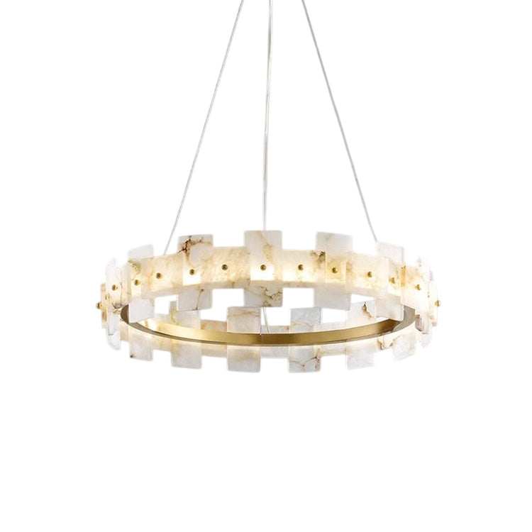 Aethelis Staggered Alabaster Chandelier, lit in a styled room