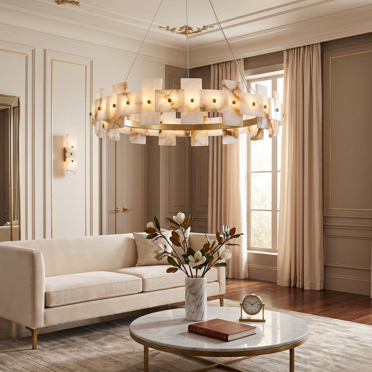 Aethelis Staggered Alabaster Chandelier, angled three quarter view