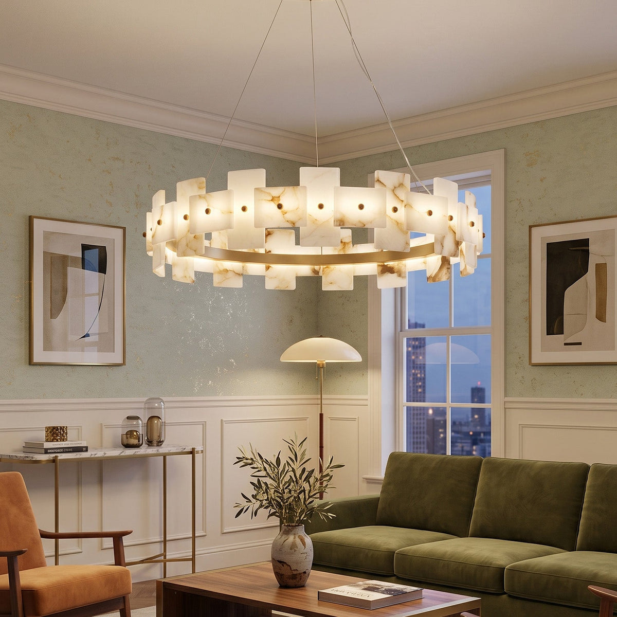 Aethelis Staggered Alabaster Chandelier, second lit in a styled room