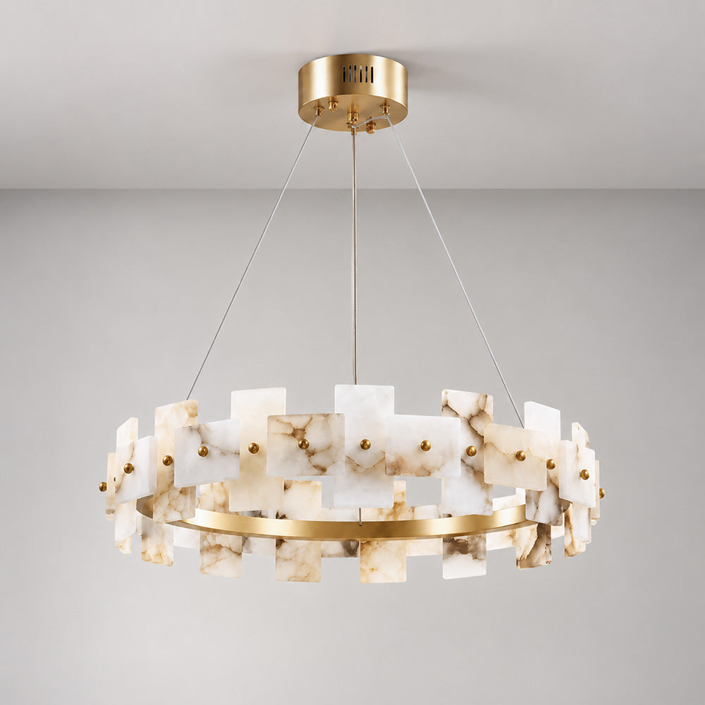 Aethelis Staggered Alabaster Chandelier, second view above a table