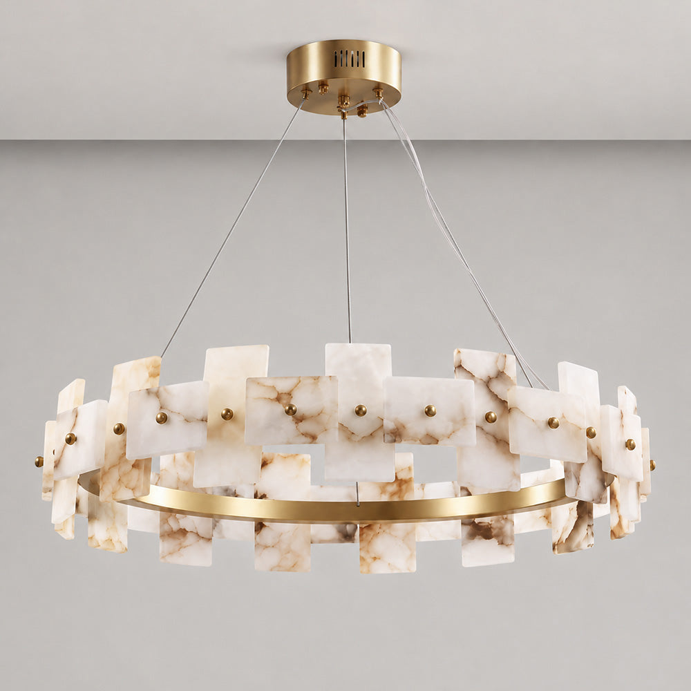 Aethelis Staggered Alabaster Chandelier, second scale against a ceiling