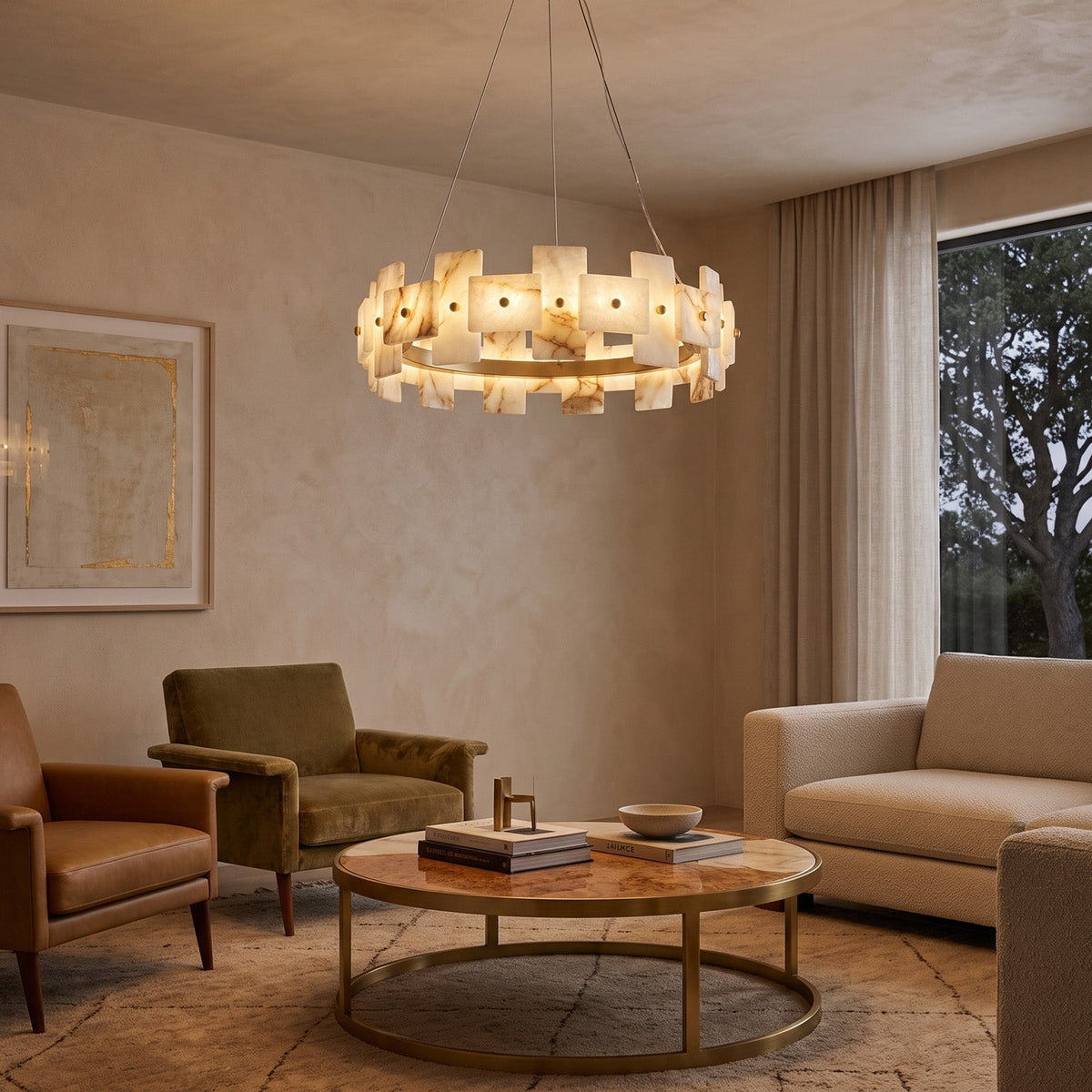 Aethelis Staggered Alabaster Chandelier, full fixture from the front