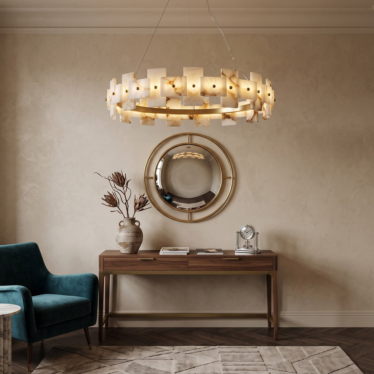 Aethelis Staggered Alabaster Chandelier, canopy and stem detail