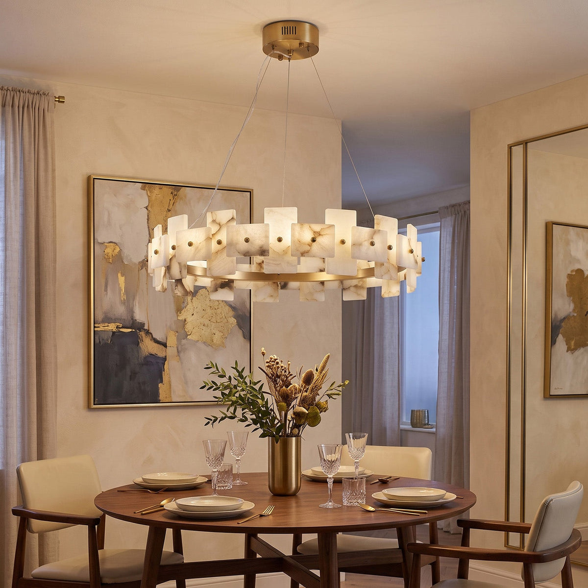 Aethelis Staggered Alabaster Chandelier, hung above a dining table
