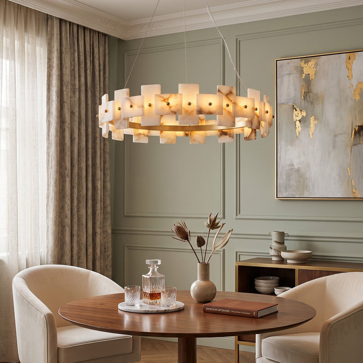 Aethelis Staggered Alabaster Chandelier, scale against a ceiling