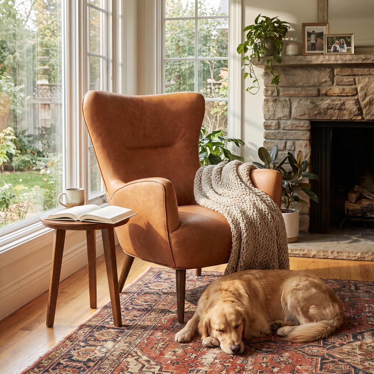 Aida Leather Lounge Chair, Cognac Tan, Single, third styled room view