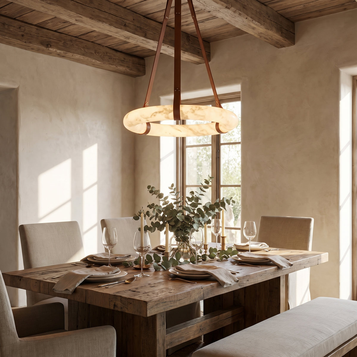 Aktis Alabaster Pendant Light, lit and hanging in a styled room