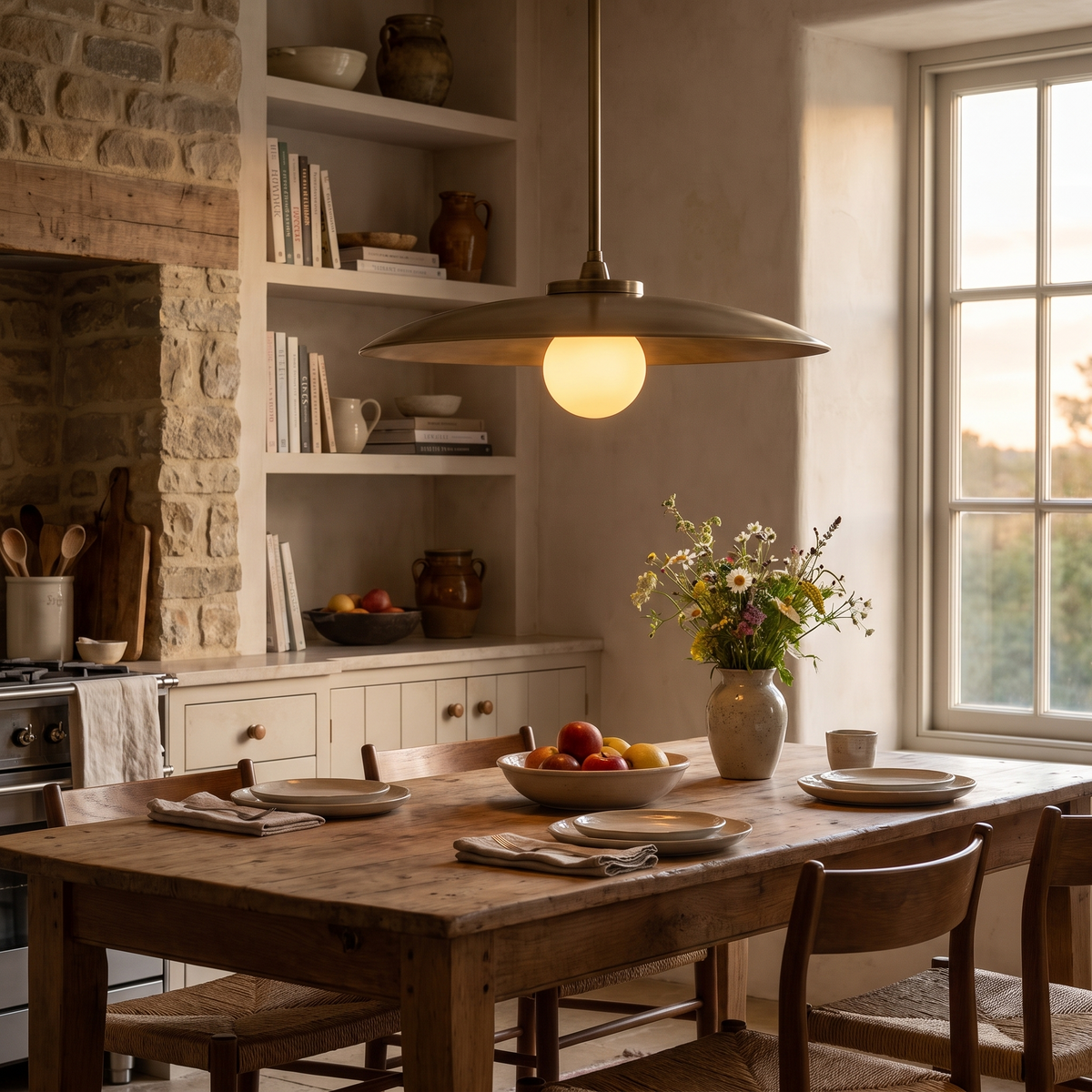 Apsis Metal Pendant Light, lit and hanging in a styled room