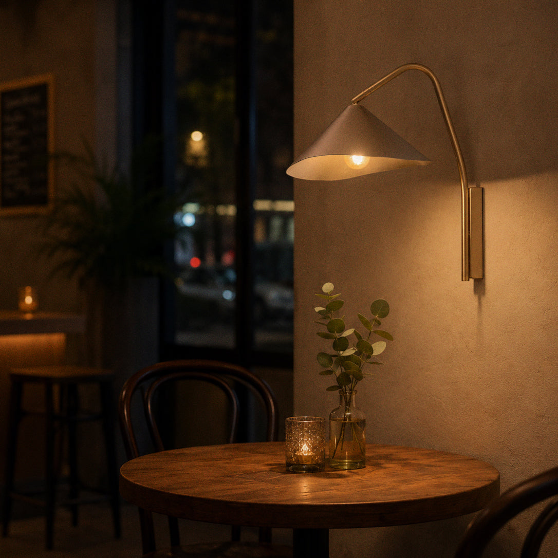 Arne Industrial Minimalist Brushed Aluminium Wall Light, lit after dark