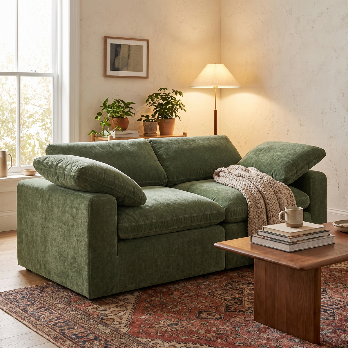 Aspen 2-Seat Modular Sofa in Sagano Green, styled in a living space