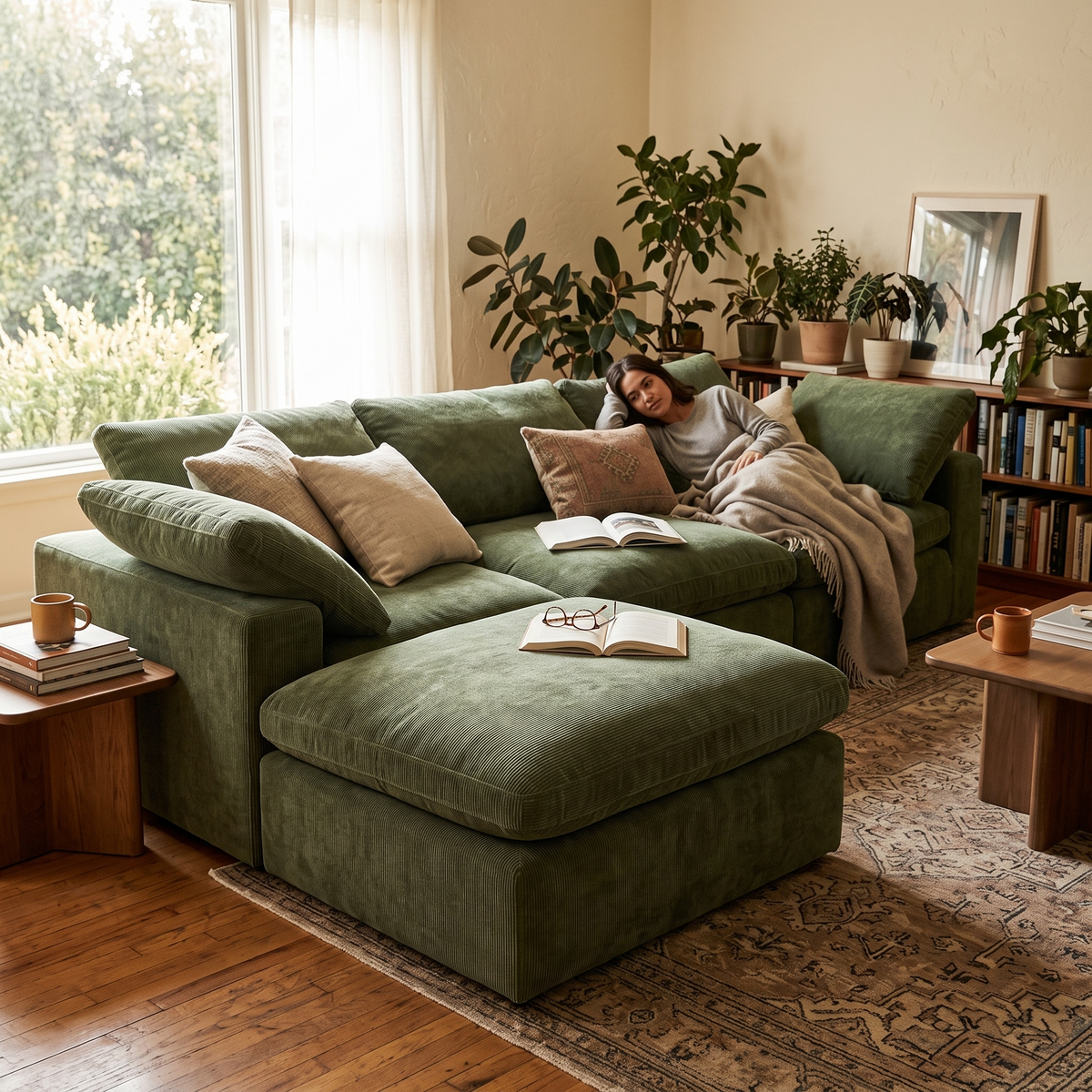 Aspen 4-Seat Modular Sectional in Sagano Green, styled in a living space