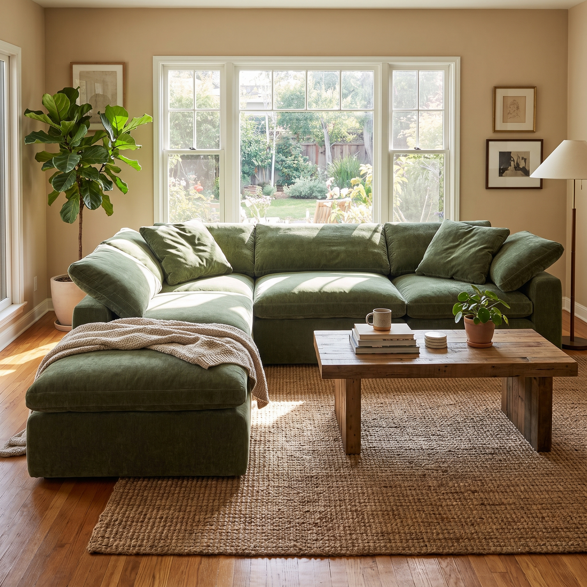 Aspen 5-Seat Modular Chaise Sectional in Sagano Green, styled in a room setting