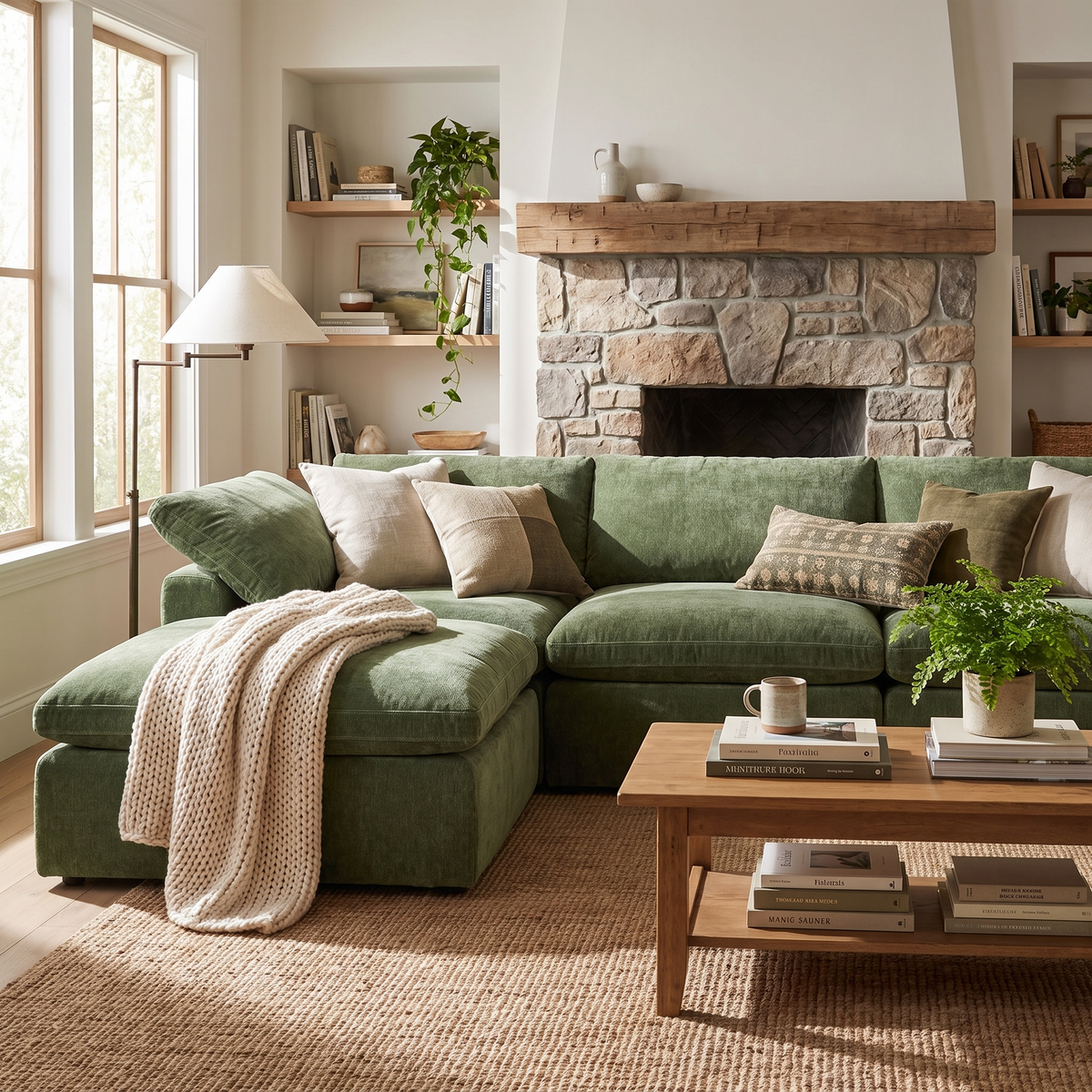 Aspen 5-Seat Modular Sectional in Sagano Green, styled in a room setting