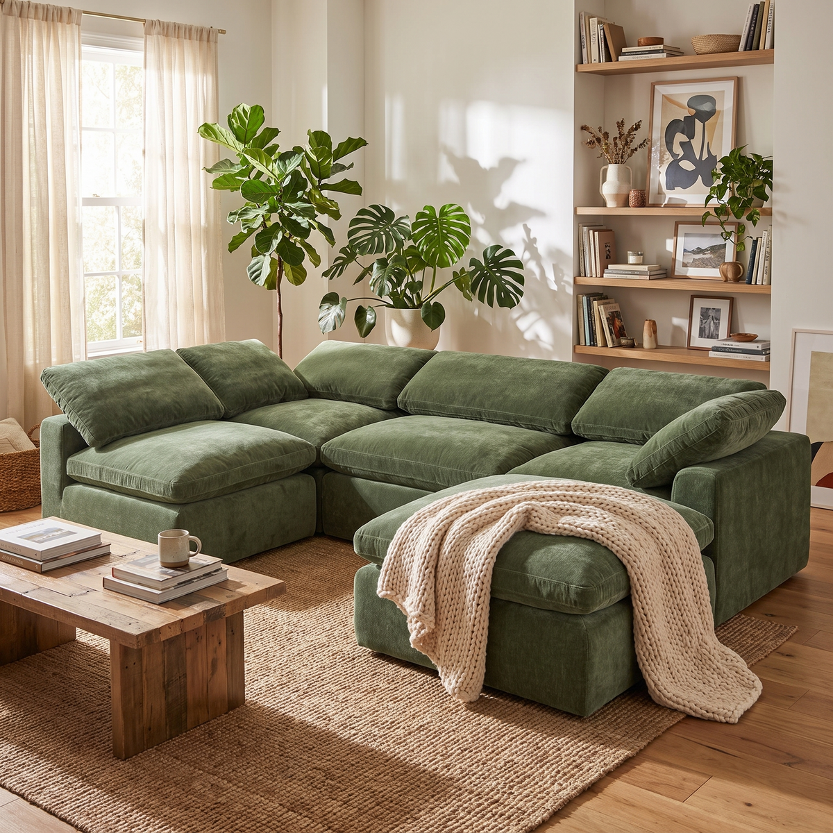 Aspen 5-Seat Pine U-Sectional, Sagano Green, styled in a room setting