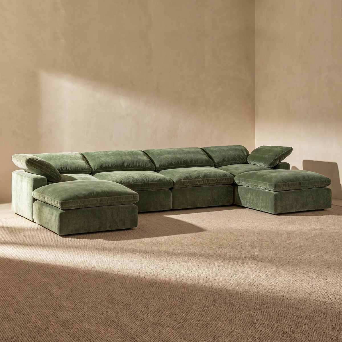 Aspen 6-Seat Pine U-Sectional, Sagano Green, cushion and fabric texture close up