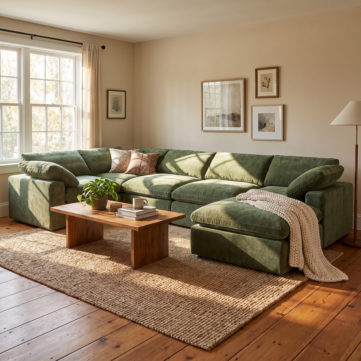 Aspen 7-Seat Pine Sectional, Sagano Green, styled in a room setting