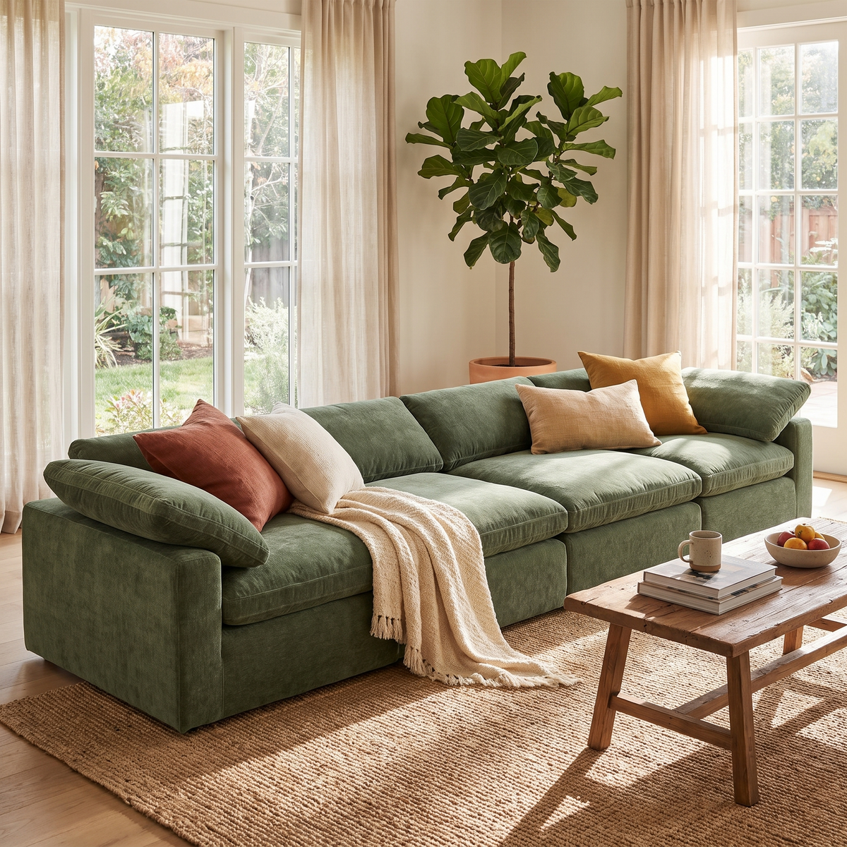 Aspen 8-Seat Master Pine Pit-Sectional, Sagano Green, styled in a room setting