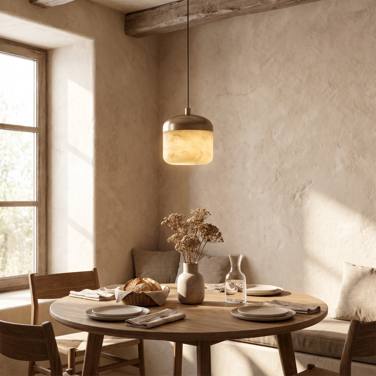 Asta Alabaster Pendant Light, lit and hanging in a styled room