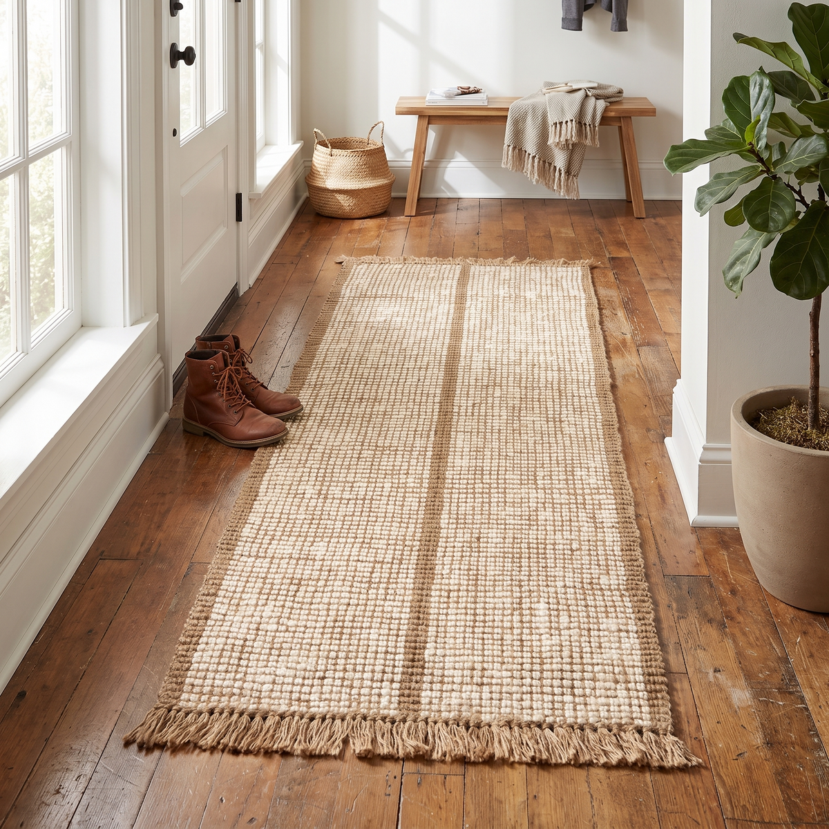 Athens Stripes Natural Fibre Runner, Natural/Off-White, styled in a room setting