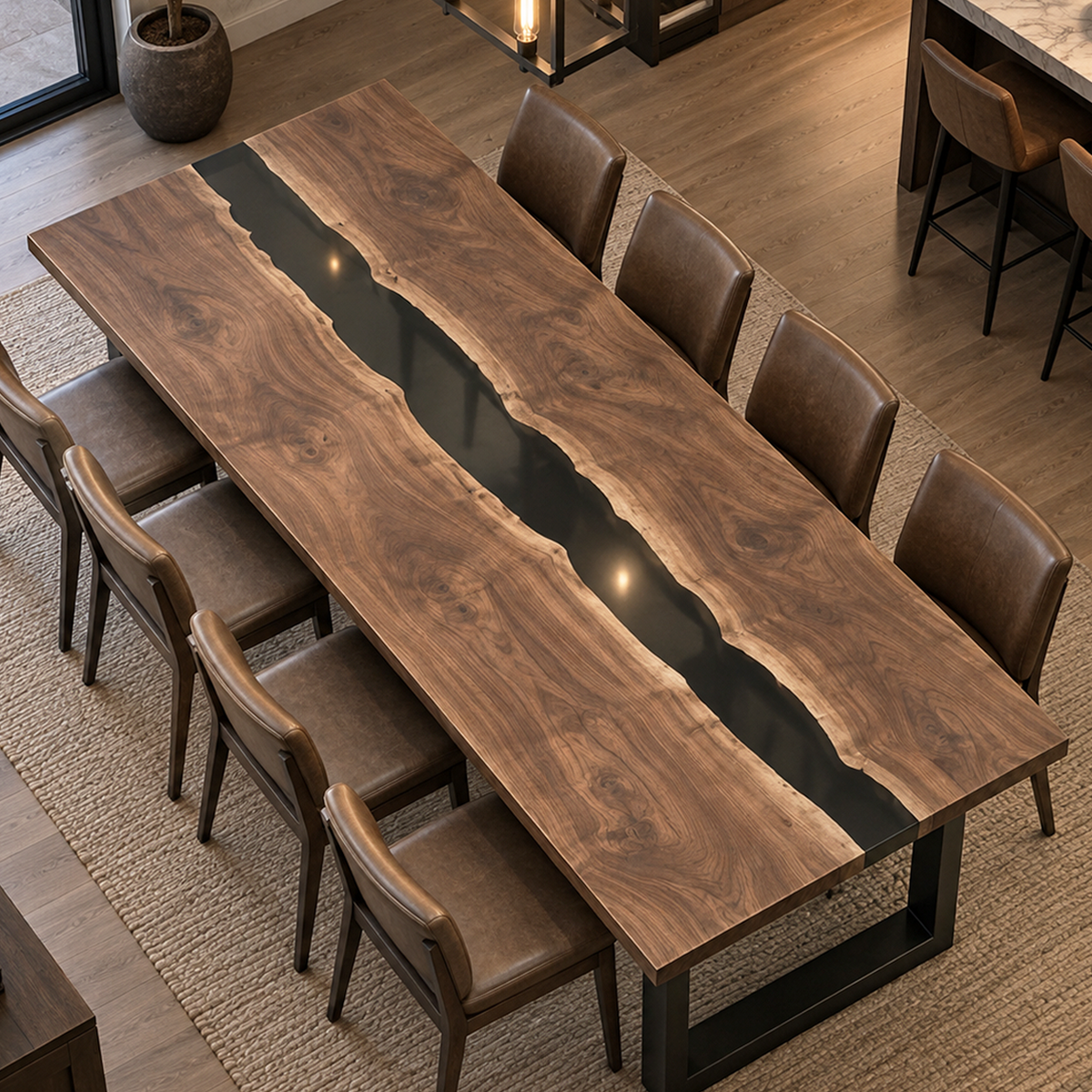 Black Walnut Black Epoxy Dining Table, styled in a dining space