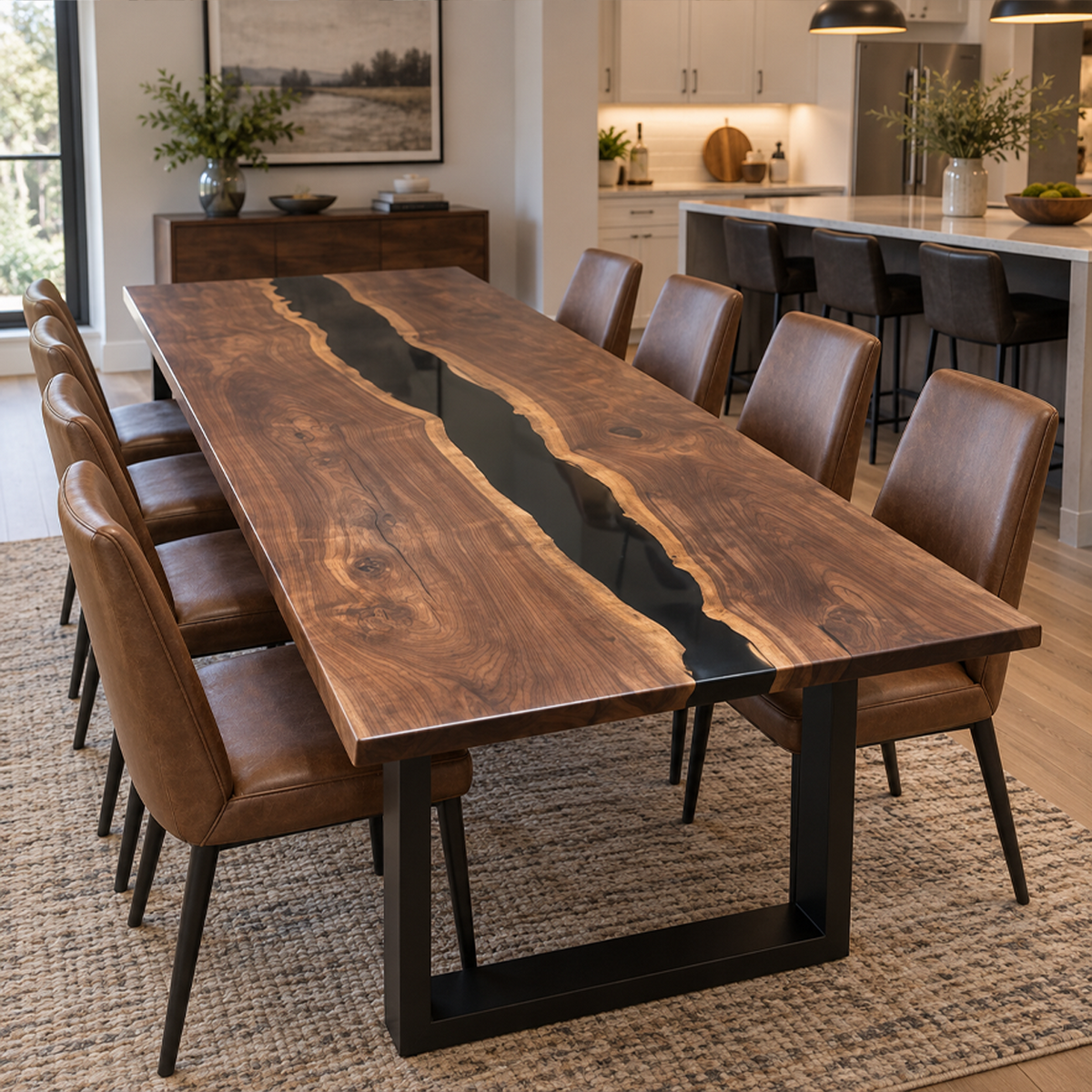 Black Walnut Black Epoxy Dining Table, full tabletop view