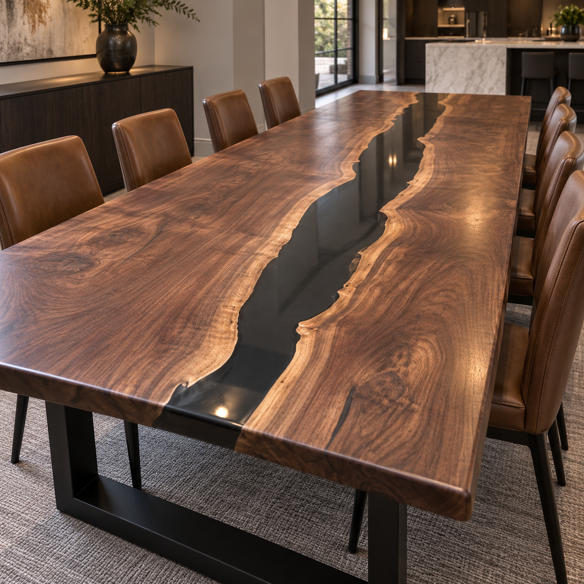Black Walnut Black Epoxy Dining Table, edge and grain detail